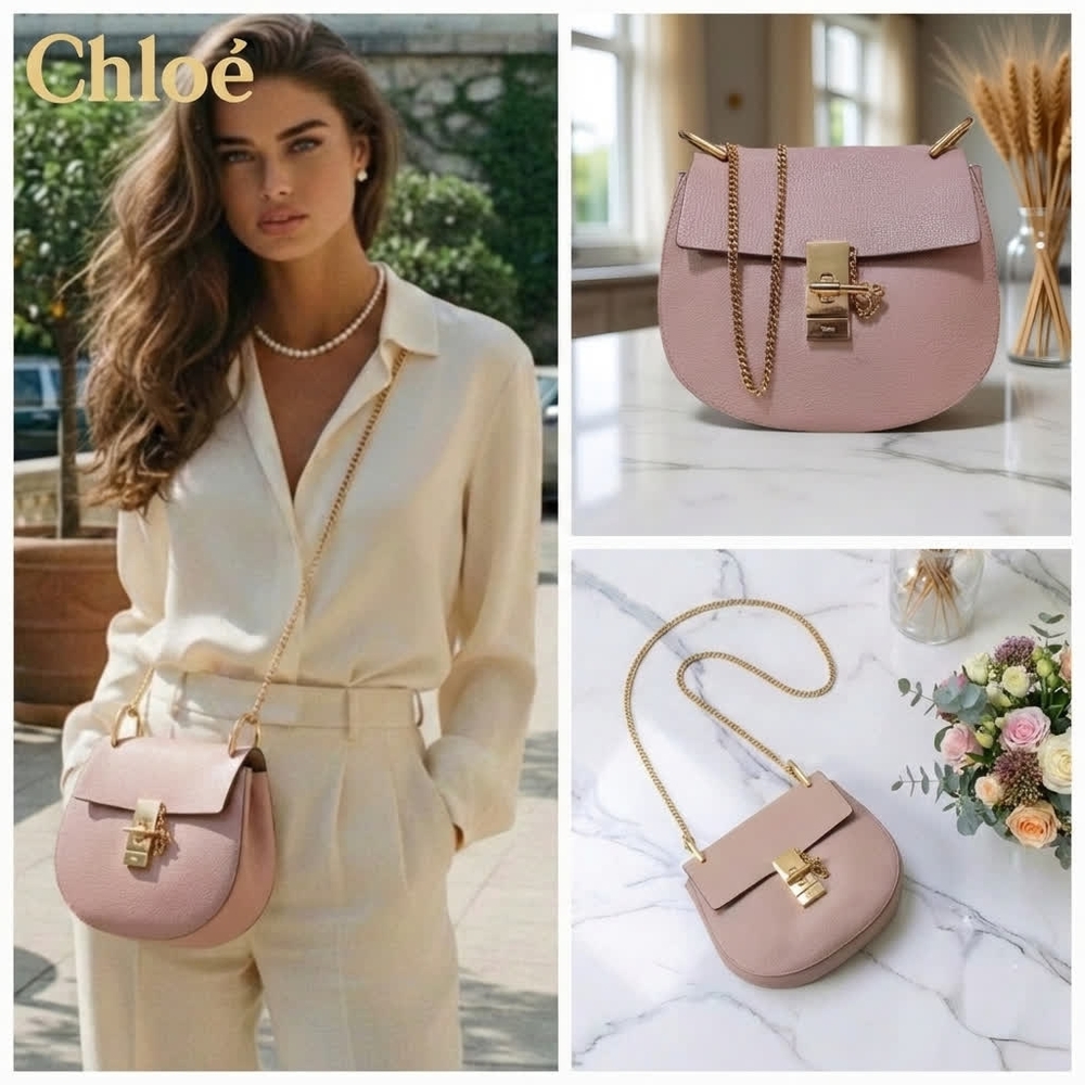 Chloé Drew Small Cement Pink Grained Lambskin Crossbody Bag ✨ - Picture 1 of 17